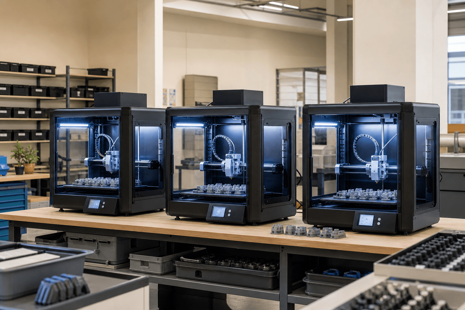 Multiple 3D printers running production batch jobs