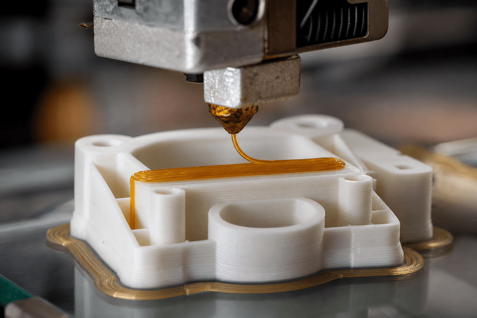 3D printer extruder depositing precision filament onto a prototype part