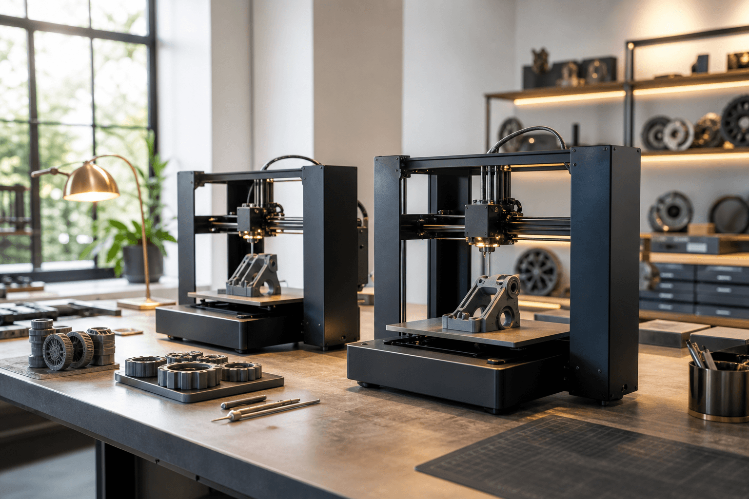 Modern 3D printing workshop with multiple printers building prototypes