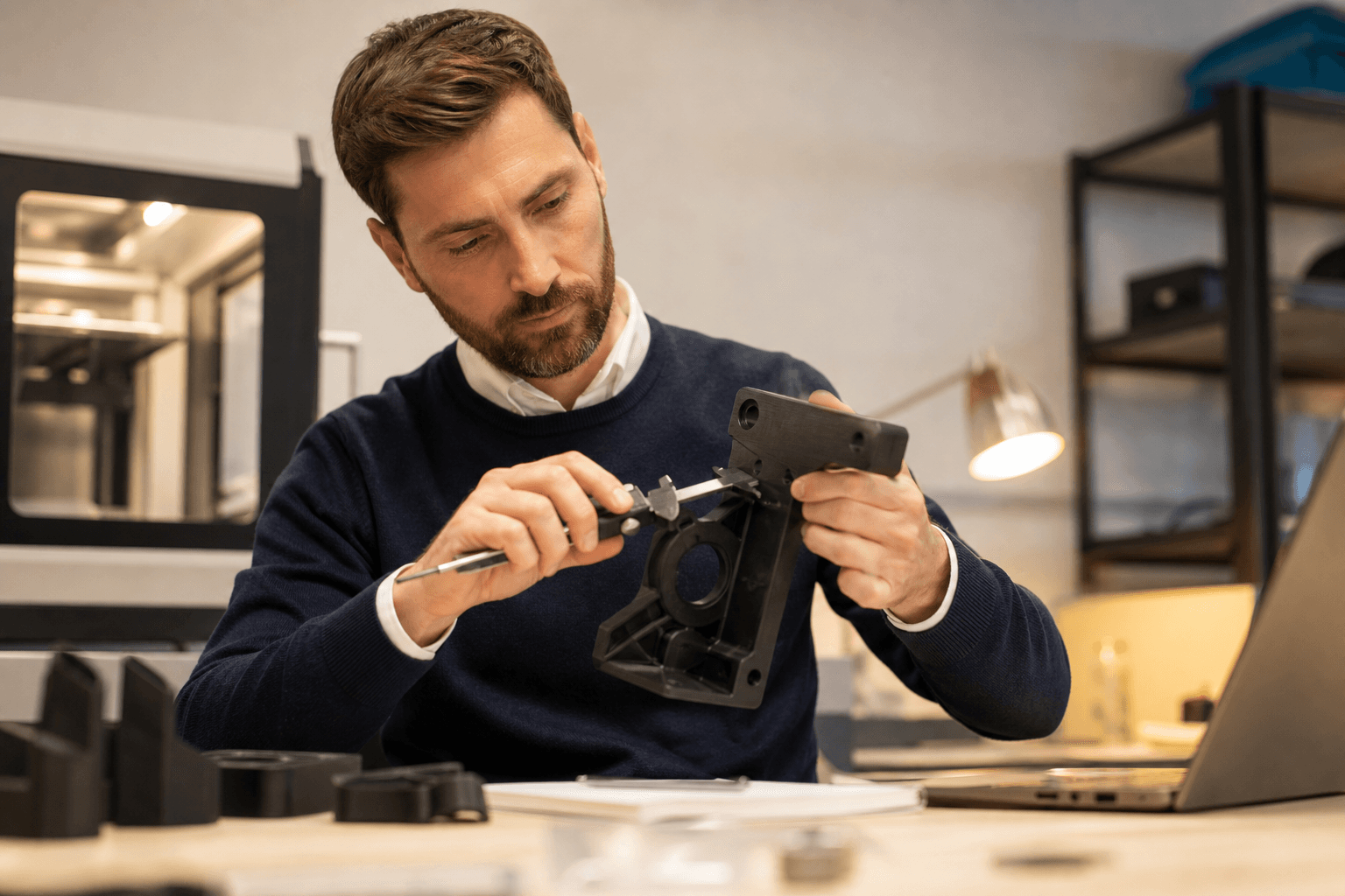 Engineer inspecting a 3D printed part with calipers for quality assurance