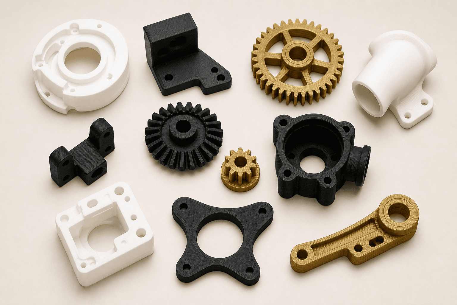 Finished 3D printed mechanical parts ready for production